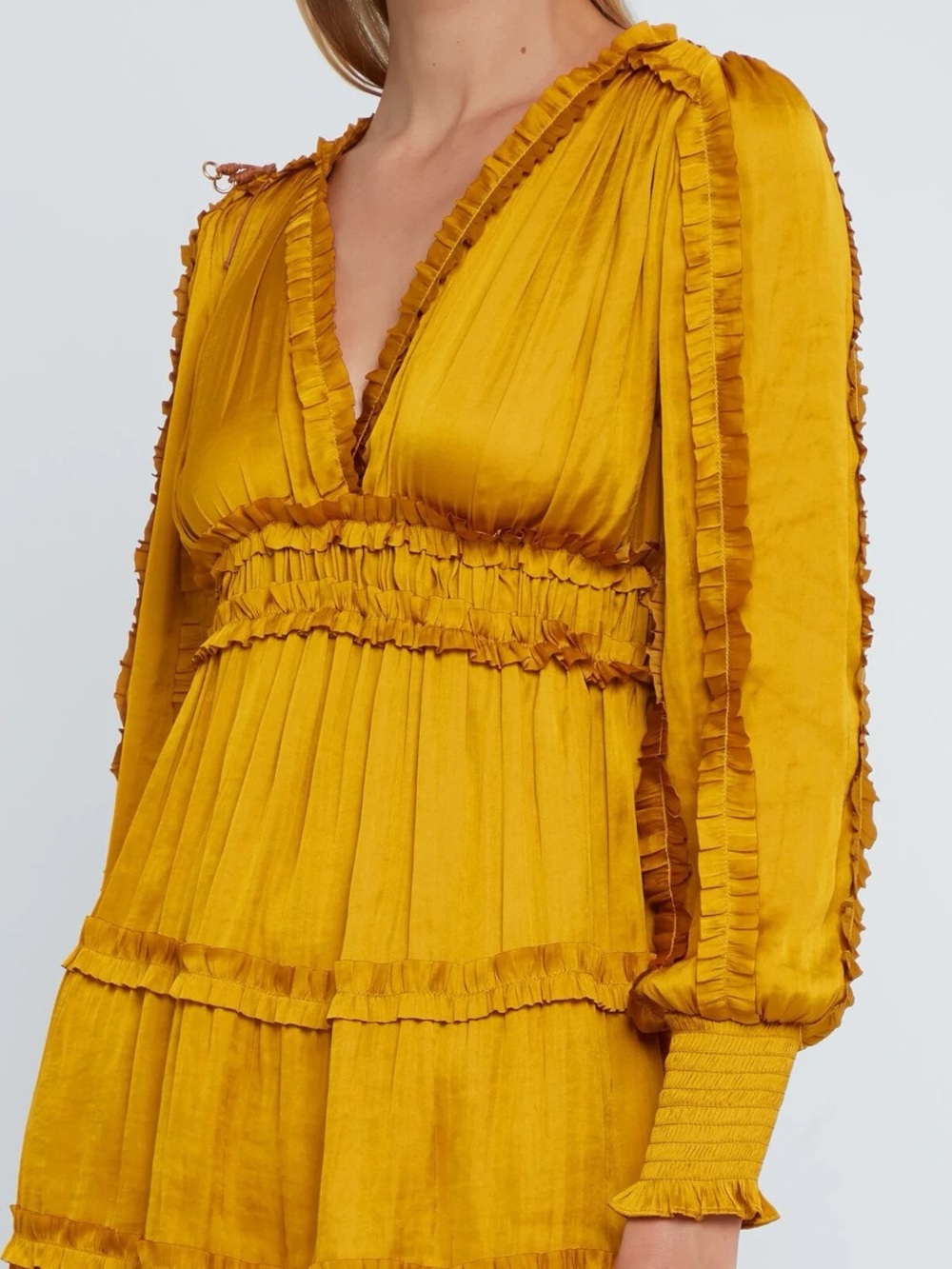 OPT Tianna Mini Dress Gold Satin Tiered Ruffle Wedding Guest Dress Sz M